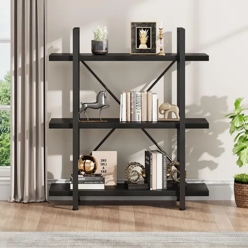 Miniatura 4 de HSH - Estantería de 3 niveles en negro, estanterías de almacenamiento pequeñas de metal y madera industriales, estanterías modernas abiertas de 3