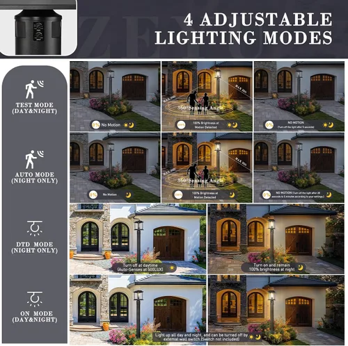 Miniatura 3 de zeyu Luz de poste con sensor exterior, lámpara de poste de lámpara para exteriores de 12.2 pulgadas, detección de 360°, 4 modos, aluminio fundido a