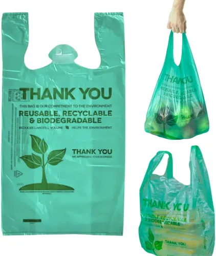 Miniatura 8 de Paquete de 25 bolsas de camiseta con asas de 22 x 12 pulgadas, bolsas de plástico biodegradable verde para compras, bolsas de agradecimiento
