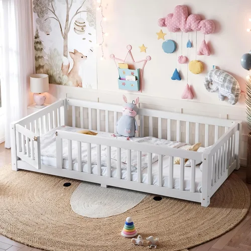 Miniatura 16 de Harper & Bright Designs Cama Montessori de madera tamaño individual, cama de piso con rieles altos, listones y puerta, marco de cama de madera