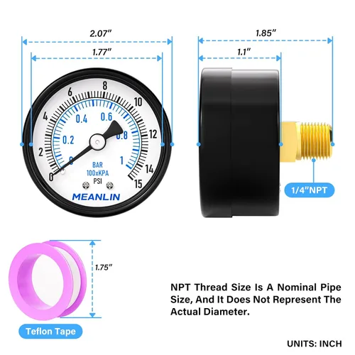 Miniatura 2 de MEANLIN MEASURE Medidor de presión de bomba de pozo de 0-15 psi, 1/4 pulgadas, NPT de 2 pulgadas, esfera de cara para agua, aceite, pozo, bomba