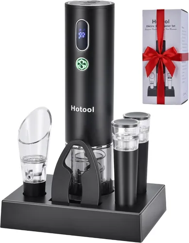 Juego de abridor de vino eléctrico con base – Abridor de botellas de vino recargable con cortador de papel de aluminio, aireador de vino y tapones