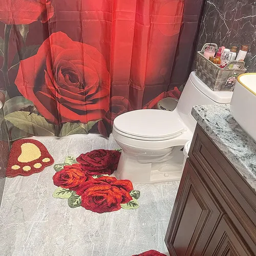 Miniatura 2 de UKELER Alfombras de baño con rosas rojas para baño, alfombras de área de flores suaves, antideslizantes, absorbentes, alfombra de baño de 27.5 x Rojo