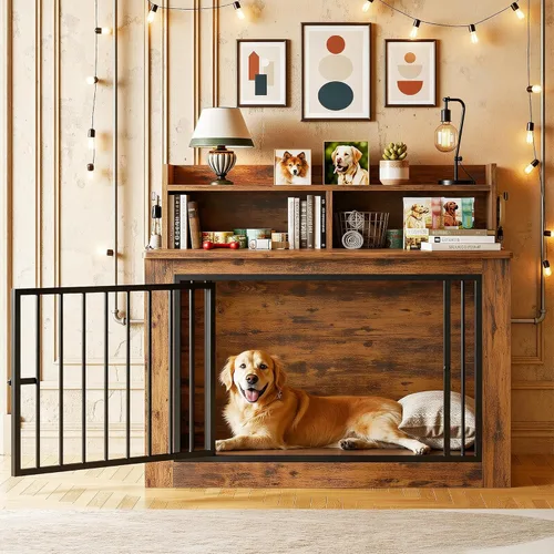 Miniatura 6 de IRONCK Mueble de jaula extragrande para perros, jaula de madera de 43.3 pulgadas con almacenamiento y 4 ganchos, jaula resistente para perros Marrón