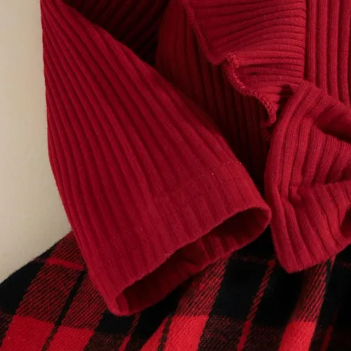 Miniatura 3 de Douhoow Conjunto de traje de Navidad a cuadros para bebé recién nacida, camiseta de manga larga, pantalones cortos con tirantes y diadema, 3