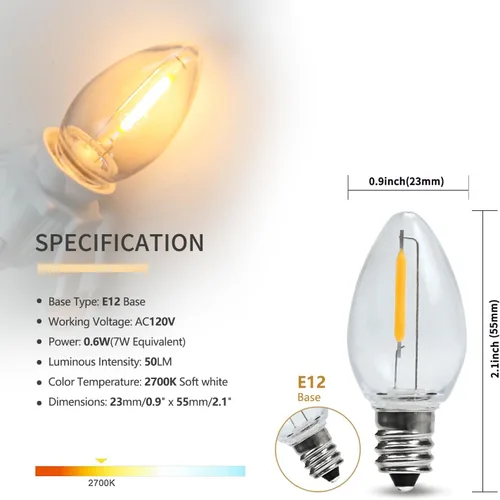 Miniatura 2 de Cable de accesorio con bombillas LED C7, cable de luz de molde de soplado de interior de 6 pies con enchufes macho y hembra para Halloween, Paquete