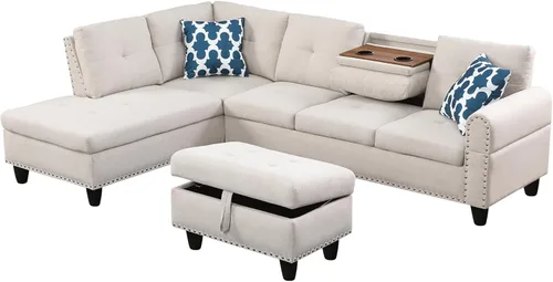 Miniatura 6 de YOPTO Sofá modular en forma de L con otomana de almacenamiento y 2 portavasos, sofá tapizado de lino de 5 plazas con 2 almohadas para sala de estar