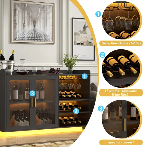 Miniatura 6 de Gabinete de barra de vino Loomie con luces LED, barra de café flotante con estante de vidrio y estantes de vino removibles, aparador buffet moderno