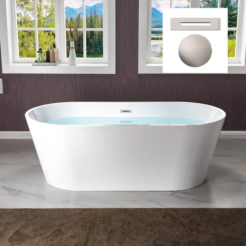 Miniatura 10 de WOODBRIDGE Bañera de acrílico independiente de 67 pulgadas, bañera blanca de remojo contemporáneo con desbordamiento y drenaje de oro cepillado