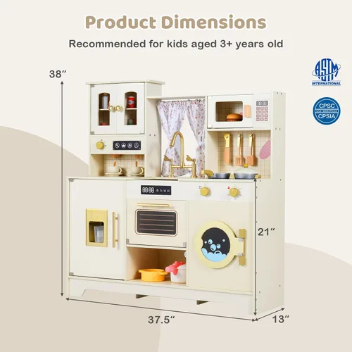 Miniatura 6 de Costzon Cocina de Juego para Niños, Set de Juego de Cocina de Juguete de Madera con Máquina de Hielo, Cafetera, Lavadora, Cortina, Microondas