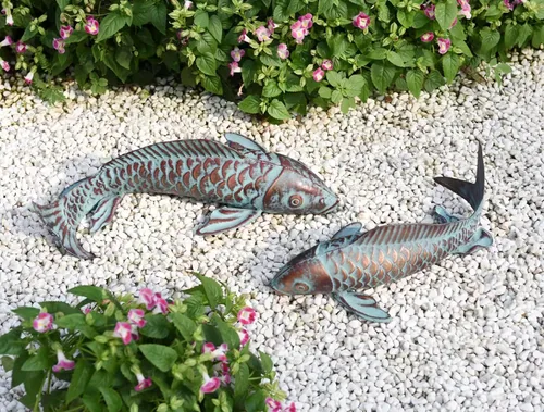 Juego de 2 Estatuas de Decoración de Peces Koi para Exteriores Esculturas de Cobre Antiguo Arte de Peces de Estanque de Jardín Estatuas de Peces Koi