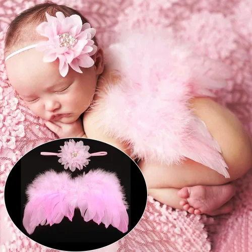 Miniatura 2 de Katutude Accesorios de fotografía para bebé recién nacido, alas de ángel de plumas rosadas, conjunto de diadema de flores, accesorios de fotos