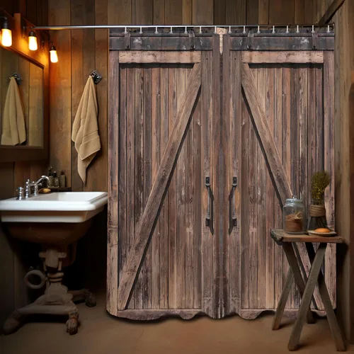 NYMB Cortina de ducha para puerta de granero antigua, puerta de granero de madera, puerta de garaje, decoración de estilo americano para cortinas de