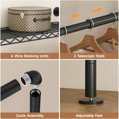 Miniatura 6 de ComfyCorner Perchero para colgar en la pared, perchero industrial de metal con 2 varillas expandibles para colgar y 6 estantes, organizadores