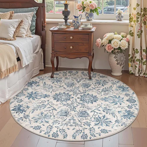 Miniatura 256 de jinchan Lima - Alfombra simétrica floral geométrica lavable, alfombra de entrada de medio círculo de 2 x 3, alfombra de media luna, suave y Azul