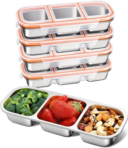 Miniatura 11 de KTKUDY - Recipiente de acero inoxidable para niños y adultos, grande, a prueba de fugas, 3 compartimentos, apilable, para guardería, escuela