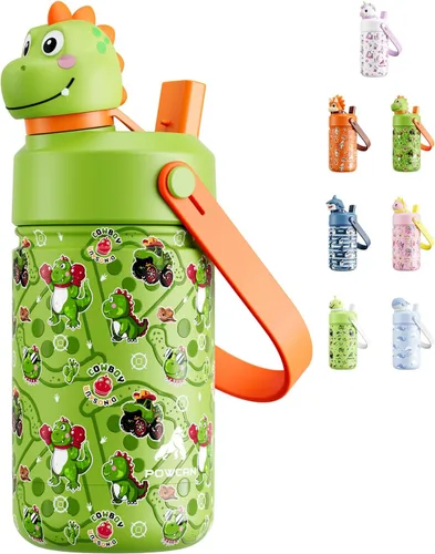 Miniatura 9 de POWCAN 12 oz Insulated Water Bottle for School: 2-in-1 Straw Spout Lid with Soft Animal Head, BPA-Free, Leakproof, Keep Cold 24H, Easy Carry