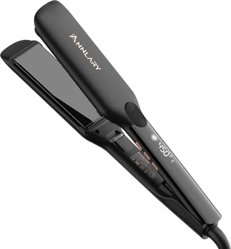 Miniatura 12 de Annlary - Plancha de pelo alisadora de 1 pulgada y rizador de pelo plana de 2 en 1 de titanio y cerámica iónica con voltaje dual, con silicona Negro