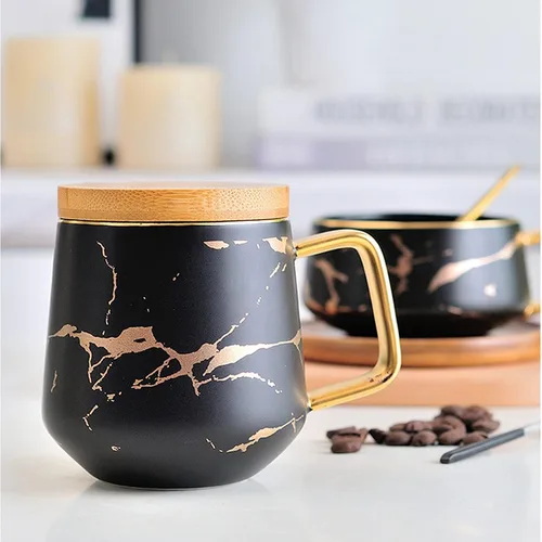Miniatura 3 de LUCCK Taza de café de cerámica con tapa de madera, taza de té de 14.5 onzas, tazas de café de mármol con incrustaciones doradas de lujo con tapa