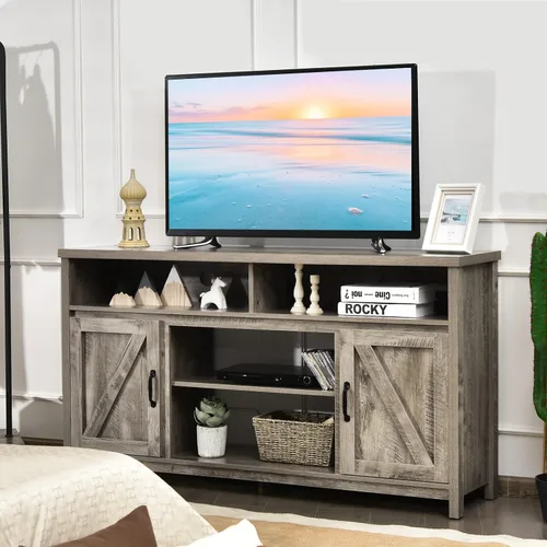 Miniatura 2 de Tangkula Moderno soporte de TV de granja, gabinete de almacenamiento de 59 pulgadas para televisores de hasta 65 pulgadas, puertas dobles de Negro