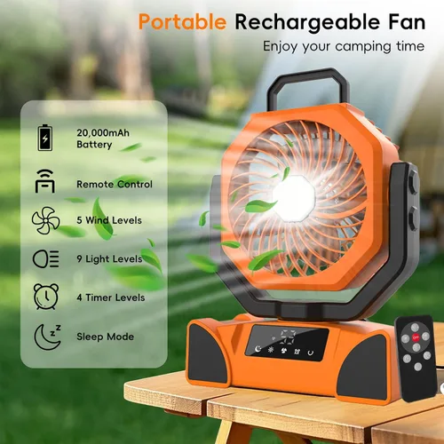 Miniatura 2 de Ventilador de camping portátil de 20000mAh, ventilador recargable alimentado por batería con control remoto y oscilación, pantalla LED, luz