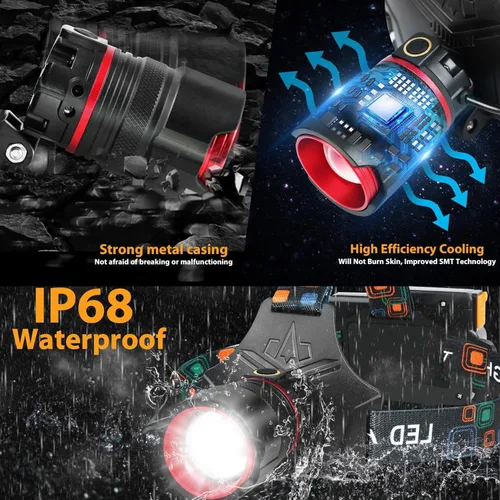 Miniatura 7 de UVER Linterna frontal LED recargable de 125° gran angular recargable, súper brillante 90000LM lámpara de cabeza con 8 modos de luz, linterna