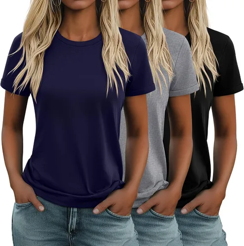 Miniatura 15 de Huukeay Paquete de 3 camisetas de algodón para mujer, estilo casual, de manga corta, cuello redondo, ajuste holgado, básica, lisa