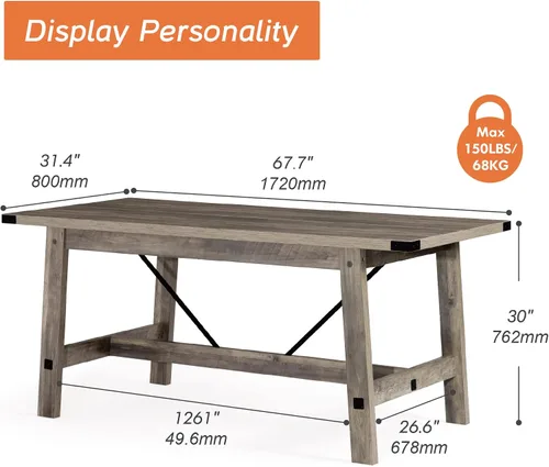 Miniatura 2 de WAMPAT Mesa de comedor de granja de 67.7 pulgadas para 4-6 personas, mesa de cocina rectangular moderna de madera con patas de madera resistentes