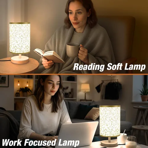 Miniatura 5 de Lámpara de escritorio con bombilla LED incluida, pequeña lámpara de mesita de noche enchufable, base de madera clásica con pantalla de tela de lino
