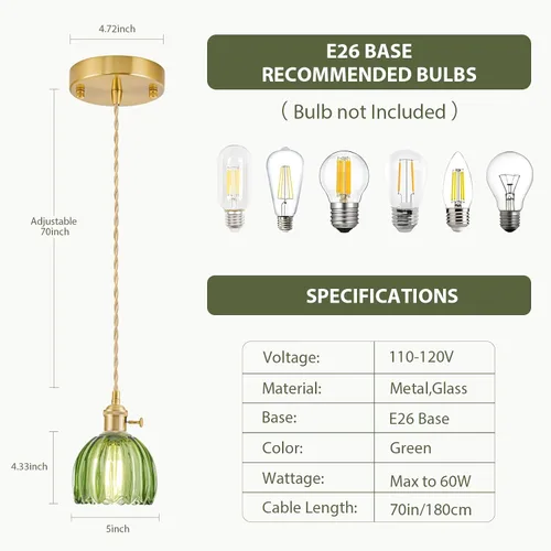 Miniatura 7 de Mini luces colgantes para isla de cocina, pequeña lámpara colgante ajustable con pantalla de cristal de tulipán verde, iluminación colgante dorada