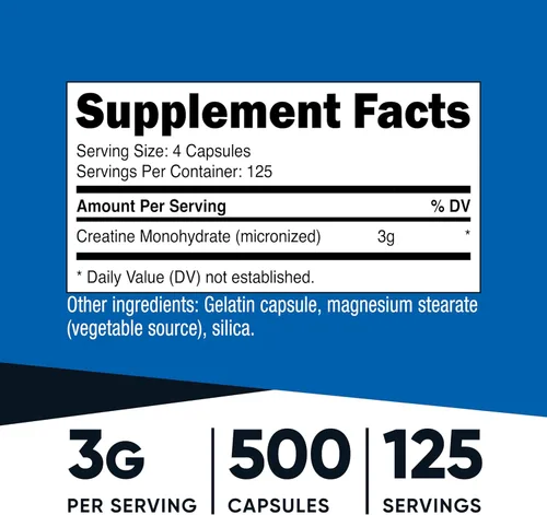 Miniatura 2 de Nutricost Monohidrato de creatina 3000 mg (750 mg por cápsula), 500 cápsulas (3 botellas)