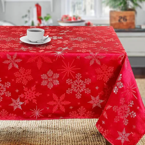 Miniatura 6 de Camino de mesa tejido jacquard metálico con copos de nieve azul navideño (corredor de 14" x 72")
