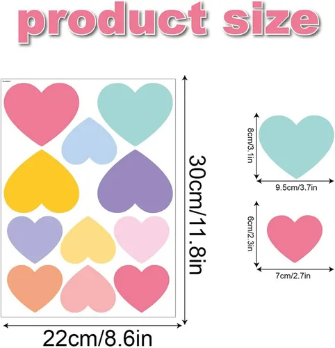 Miniatura 2 de 110 calcomanías de pared de corazón pastel suaves, 10 hojas de vinilo impermeable para despegar y pegar en 2 tamaños, decoración estética pastel