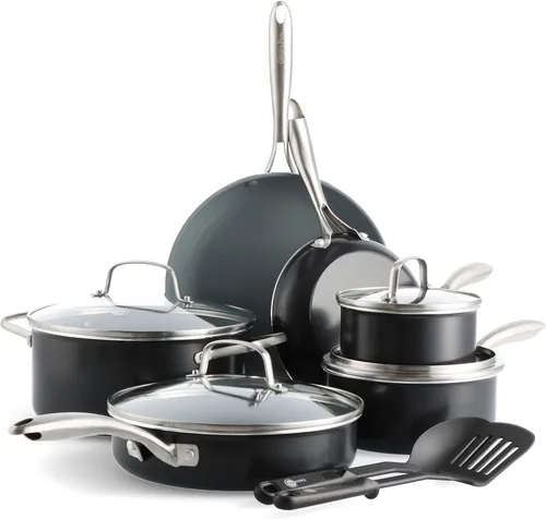 GreenPan Juego de utensilios de cocina Swift antiadherentes de 12 piezas, ollas y sartenes de cerámica sin PFAS con tapas, apto para lavavajillas y