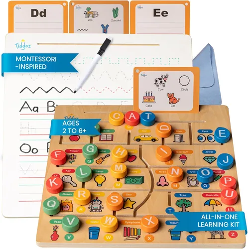 Juego de aprendizaje Montessori todo en uno – Tablero de madera para rastrear ABC, juego de letras, más de 100 tarjetas de palabras a la vista y