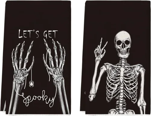 Artoid Mode Juego de 2 toallas de cocina de Halloween con diseño de esqueleto espeluznante, 18 x 26 pulgadas, diseño de huesos con texto en inglés