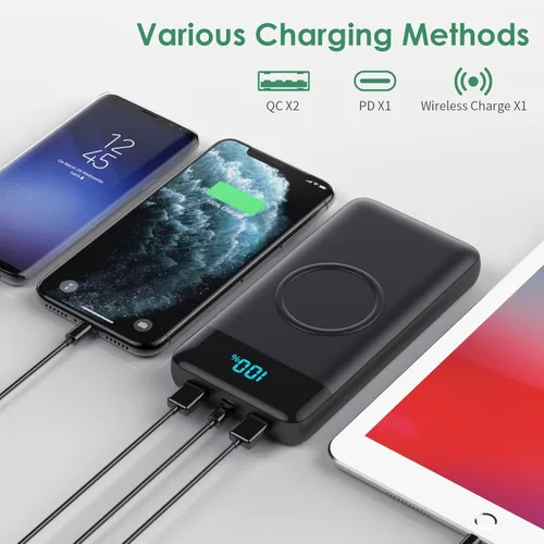 Miniatura 5 de Cargador portátil inalámbrico 30,800 mAh, 15 W de carga inalámbrica USB C, banco de energía con carga rápida de 25 W PD QC 4.0, 4 salidas, paquete