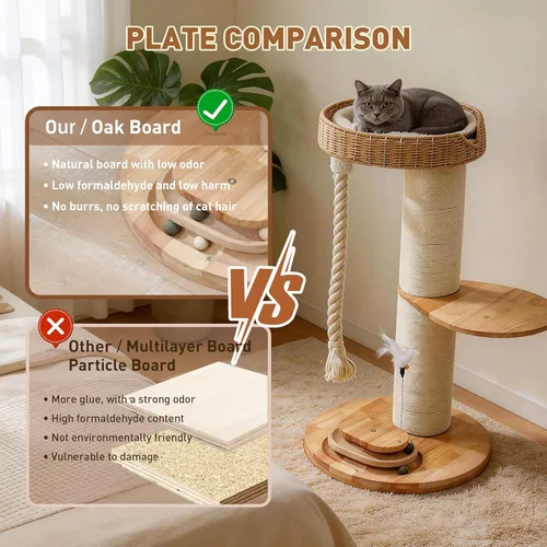 Miniatura 6 de Árbol moderno para gatos grandes, torre para gatos de madera maciza con poste rascador extragrueso, torre de gato de pie para gatos