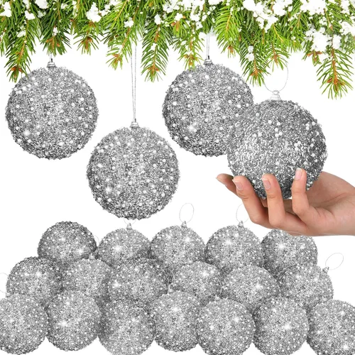 Miniatura 15 de Lyrow 24 piezas 3.15" Juego de adornos de bola de Navidad con purpurina, bola de espuma con lentejuelas colgante, decorativa, en masa, para árbol