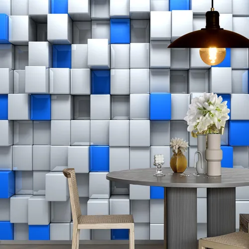 Miniatura 3 de FLFK Papel tapiz autoadhesivo 3D de bloques azules y blancos, murales de pared para despegar y pegar, póster grande para sala de estar, dormitorio
