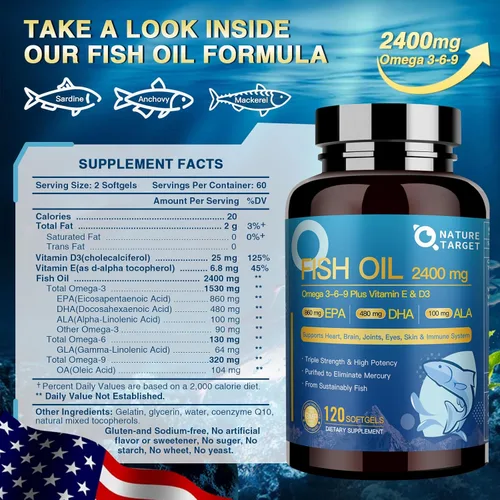 Miniatura 2 de NATURE TARGET Triple Omega 3 6 9, Aceite de Pescado 2400mg Cápsulas Blandas con Vitamina D3 y E - EPA y DHA y ALA - Apoya la Salud del Corazón