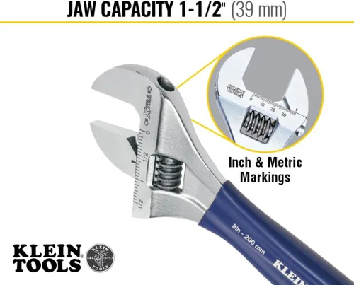 Miniatura 3 de Klein Tools D509-8 Llave ajustable, llave de transmisión forjada de mandíbula extra ancha con acabado cromado pulido, 8 pulgadas