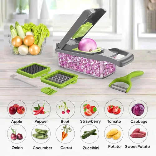 Miniatura 6 de Pro-Series 16 en 1 picadora de verduras y mandolina - Picadora de alimentos resistente con recipiente de 1.2 L, cuchillas de acero inoxidable
