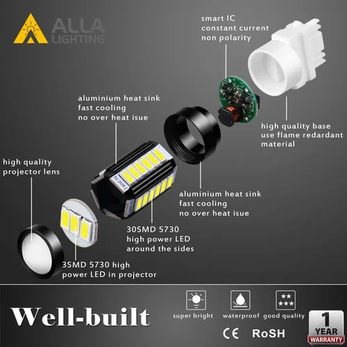 Miniatura 2 de Alla Lighting Bombillas LED T25 3156 3157 de 2800lm, Blanco Reversa/Señal/Freno/Cola Luces DRL 4114 3056 4057 4157 3457K 3057 6000K Xenon Xtreme