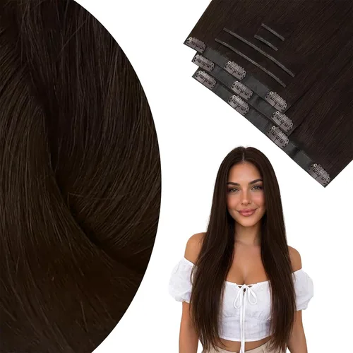 Miniatura 18 de Ve Sunny Extensiones de cabello clip-in de cabello humano real con reflejos, extensiones de cabello con clip para cabello corto, marrón oscuro