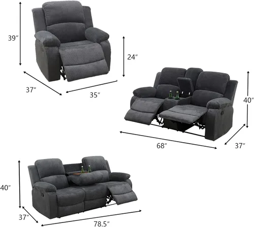 Miniatura 2 de Juego de sala de Estar reclinable de 3 piezas, juego de sofá reclinable Manual para conjunto de muebles de sala de Estar, con consola de Gris oscuro