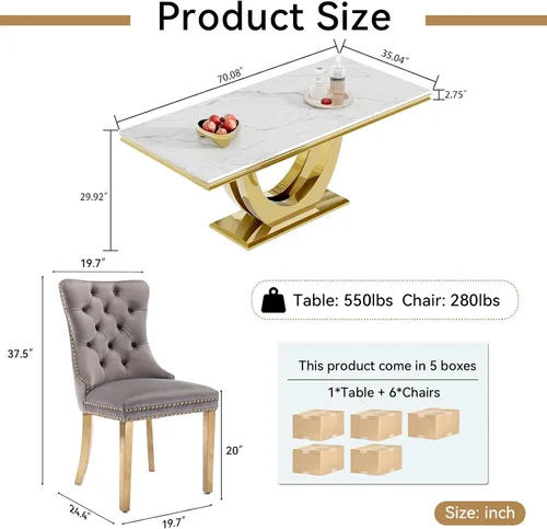 Miniatura 3 de Juego de mesa de comedor moderno de 70 pulgadas para 6, 7 piezas, con base de mármol sintético, base de acero inoxidable y sillas de terciopelo