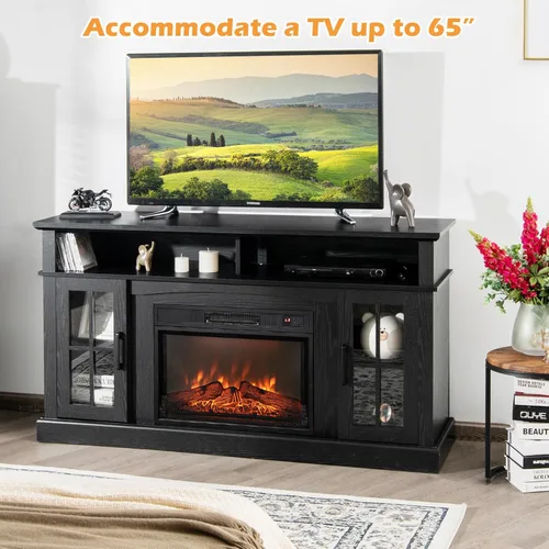 Miniatura 3 de Tangkula Soporte de TV con chimenea para televisores de hasta 65 pulgadas, consola de TV con chimenea eléctrica con control remoto, protección Marrón