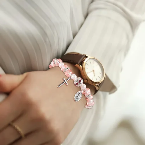 Miniatura 7 de Junkin Beaded Stretch Rosary Bracelet with Mesh Bags Catholic Bracelets for Women Girls Religious Rosary Bead Bracelet Pink Bracelet Crucifix Medal