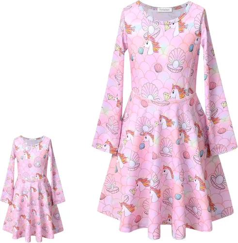 Miniatura 55 de Perfashion Vestidos a juego para niñas y muñecas sin mangas/manga larga, acampanados, faldas de fiesta de unicornio